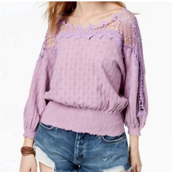 Free People Sweaters - Free People Lavender Crochet Love Lace Yoke Smocked‎ Hem Blouson Sweater Large